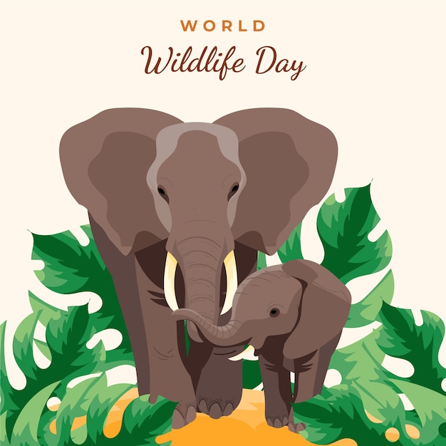 Flat world wildlife illustration with flora and fauna