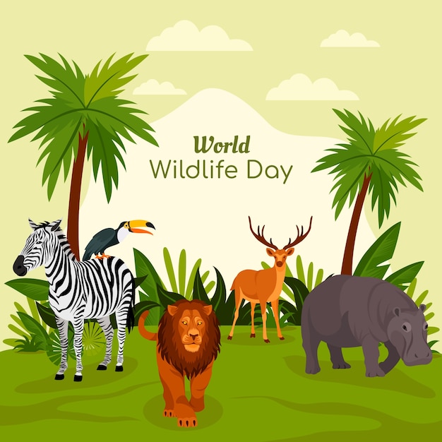 Flat world wildlife illustration with flora and fauna