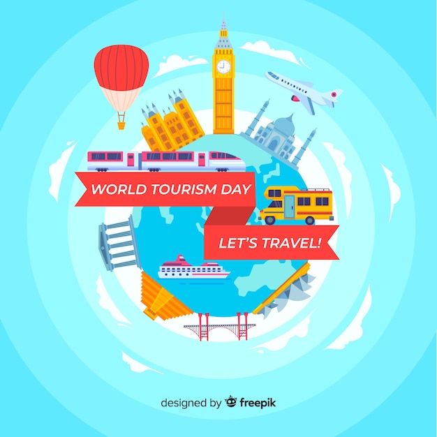 Flat world with landmarks and transport tourism day background