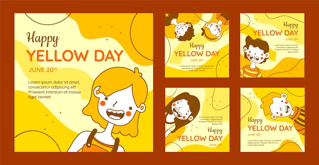 Free vector flat yellow day instagram posts collection