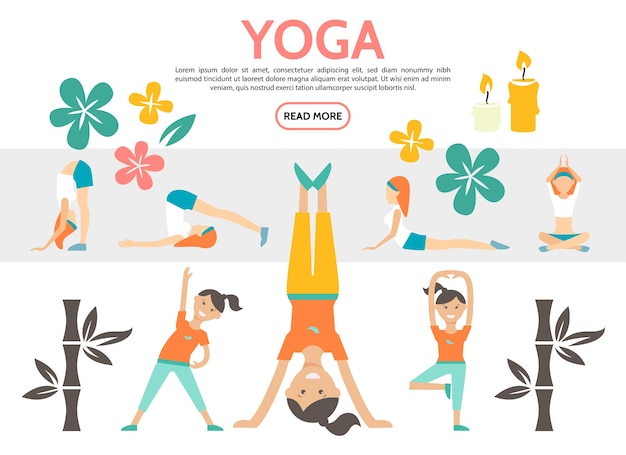 Flat yoga elements set with girls exercising in different poses lotus flowers bamboo and candles isolated illustration