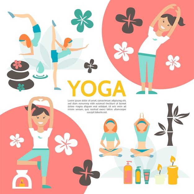 Плоский плакат йоги и гармонии с девушками, тренирующимися в разных позах, цветы, спа, косметические продукты, свечи, камни, бамбук, иллюстрация