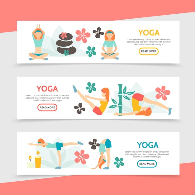 Flat yoga horizontal banners with girls meditating in different poses spa stones flowers candles bamboo illustration