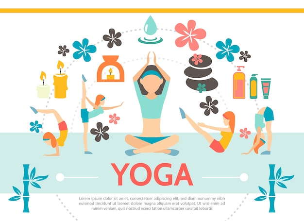Flat yoga template with girls exercising in different poses lotus flowers spa cosmetic products stones candles bamboo isolated illustration