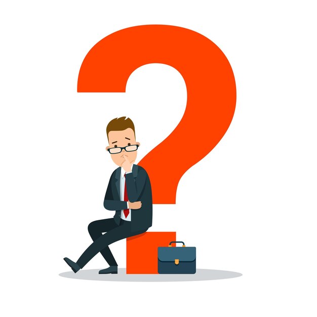 Free vector flat young businessman sitting on huge red question mark