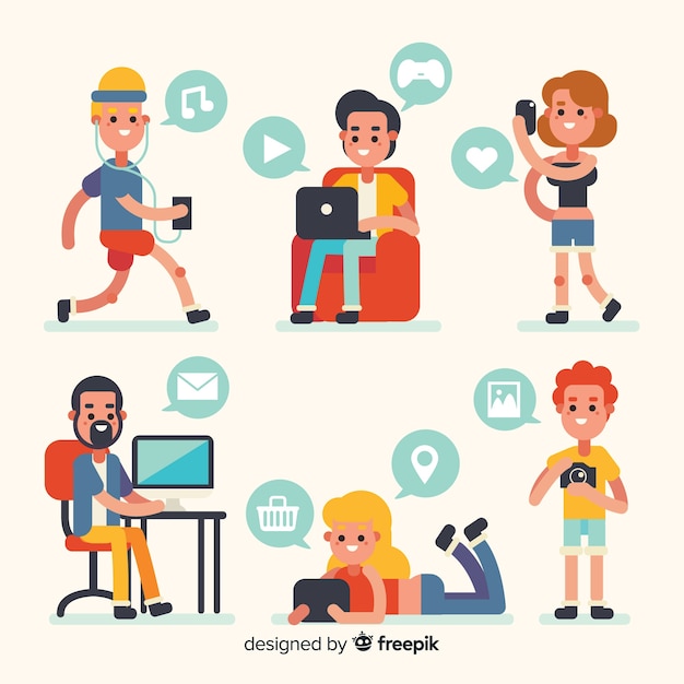 Free vector flat young people using technological devices