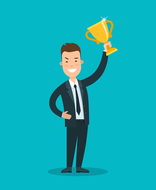 Free vector flat young smiley businessman holding gold trophy