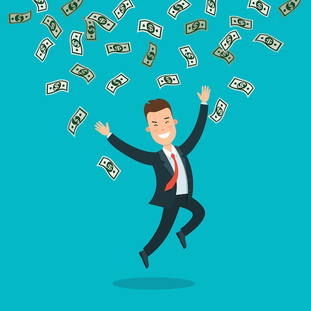 Free vector flat young smiley businessman jumping under rain of money banknotes