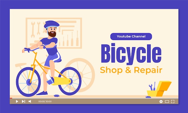 Vettore gratuito miniatura piatta di youtube per l'attività di negozio di biciclette