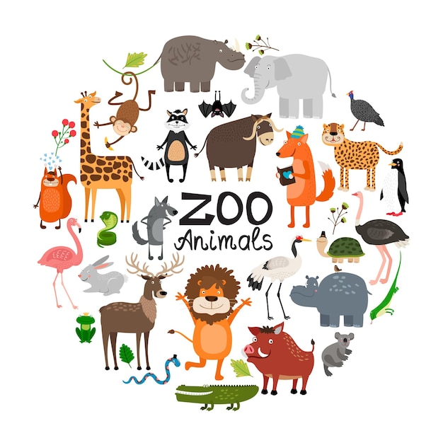 Плоские животные зоопарка круглая концепция с жирафом, леопардом, кабаном, белкой, бегемотом, игуаной, львом, оленем, слоном, обезьяной, лисой, енотом, летучей мышью, птицы, иллюстрация