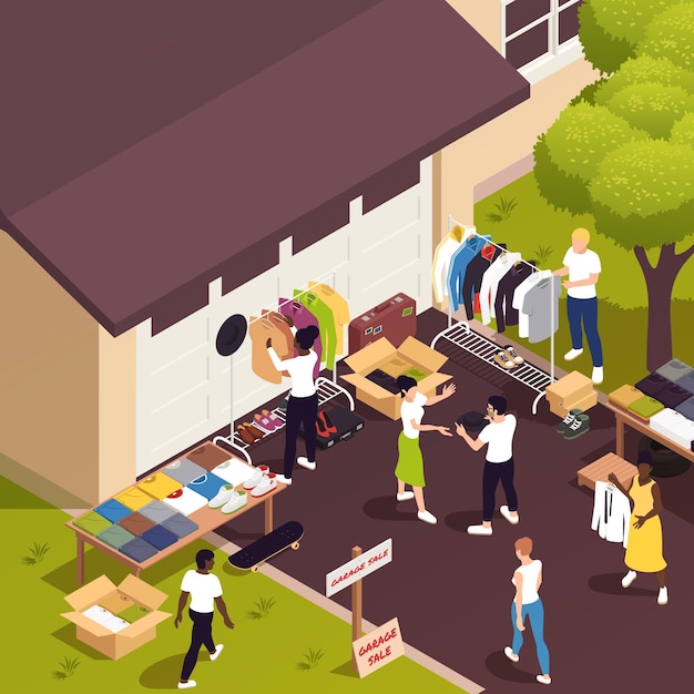 Бесплатное векторное изображение Блошиный рынок и гаражная распродажа изометрической композиции с людьми, выбирающими векторную иллюстрацию антиквариата