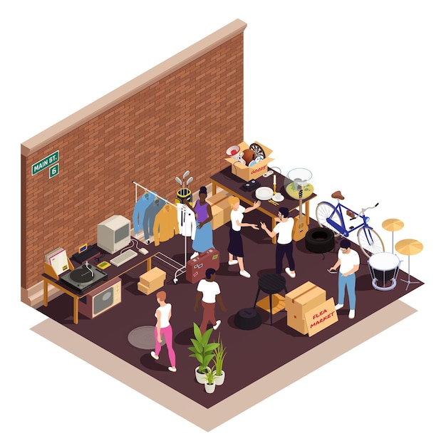 Free vector flea market and garage sale isometric composition with customers buying retro goods vector illustration