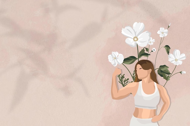 Free vector flexing muscles border vector background with floral yoga woman illustration