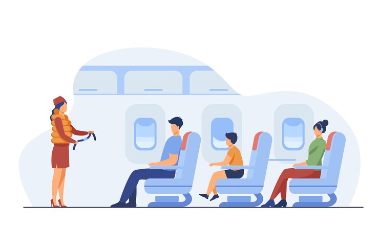 Free Vector flight attendant explaining safety instructions. passenger, airplane, belt flat vector illustration. travelling and vacation concept