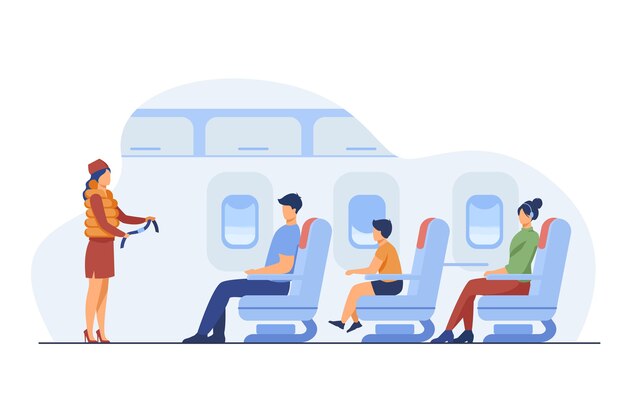 Flight attendant explaining safety instructions. Passenger, airplane, belt flat vector illustration. Travelling and vacation concept