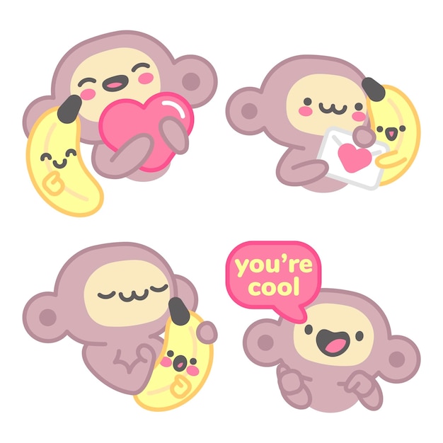 Free vector flirting stickers collection with monkey and banana