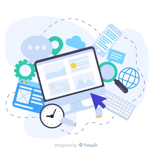 Vettore gratuito computer flottante circondato da elementi