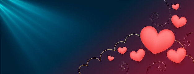 Floating hearts with light rays valentines day banner