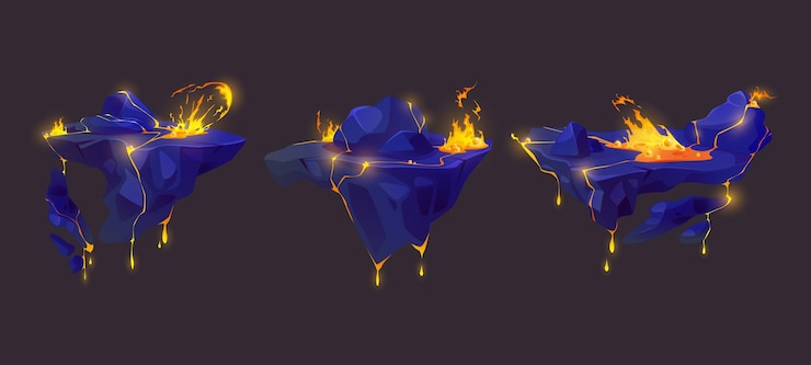 Free Vector floating islands of rocky land with lava eruption