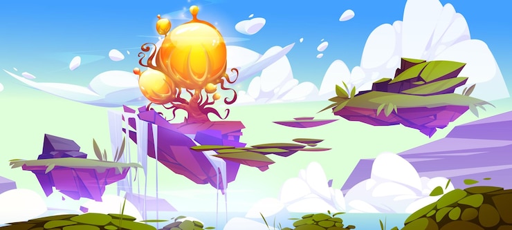 無料Vector 空に魔法の木が浮いている島々