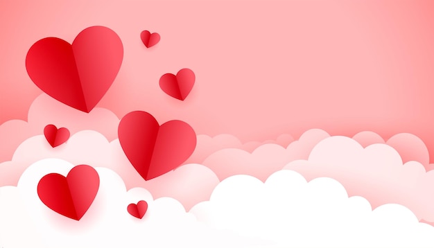 Free vector floating paper hearts on clouds pink background for valentines day