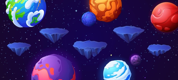 Free vector floating platform space game level ui background 2d planet in galaxy for online adventure videogame interface illustration asset futuristic cosmos landscape with flying asteroid and rock island