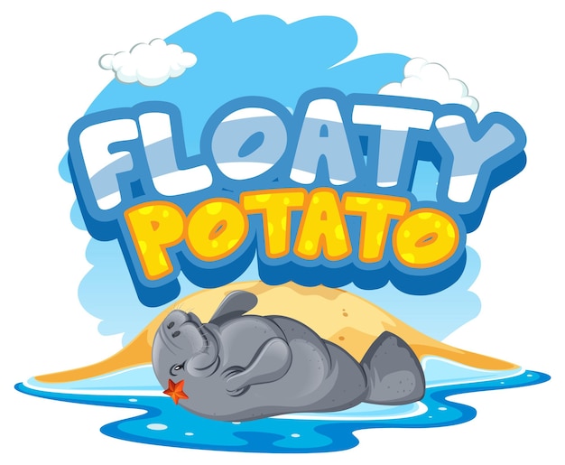 Бесплатное векторное изображение Баннер шрифта floaty potato с изолированным персонажем мультфильма ламантин или морская корова