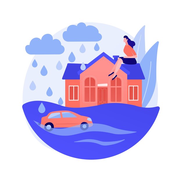洪水の家通りに流れる洪水の下で建物のイラスト 無料のベクター