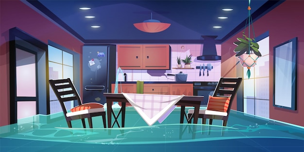 Free vector flood in broken kitchen house room vector cartoon background pipe leak insurance problem in abandoned messy home leakage disaster damage on day scene with nobody and sewage on apartment floor