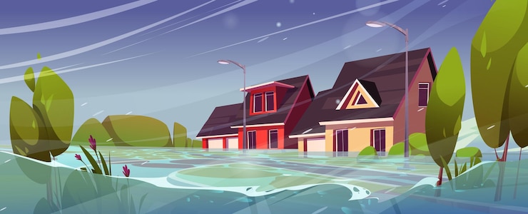 Free Vector flood in town natural disaster with rain storm