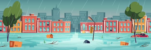 Free vector flood in town, river, water stream on city street