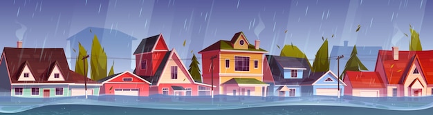 마을의 홍수, 코티지 하우스가있는 도시 거리의 강물 흐름 흐름. 홍수 건물, 기후 변화로 시골 지역에서 비와 폭풍으로 자연 재해. 만화 벡터 일러스트 레이션