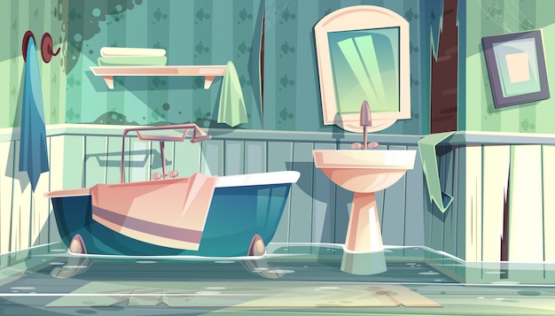 無料ベクター ヴィンテージバスタブ付きの古いアパートや家の漫画のイラストに浸水した浴室
