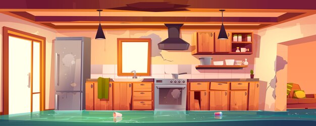 Flooded rustic kitchen, abandoned empty interior