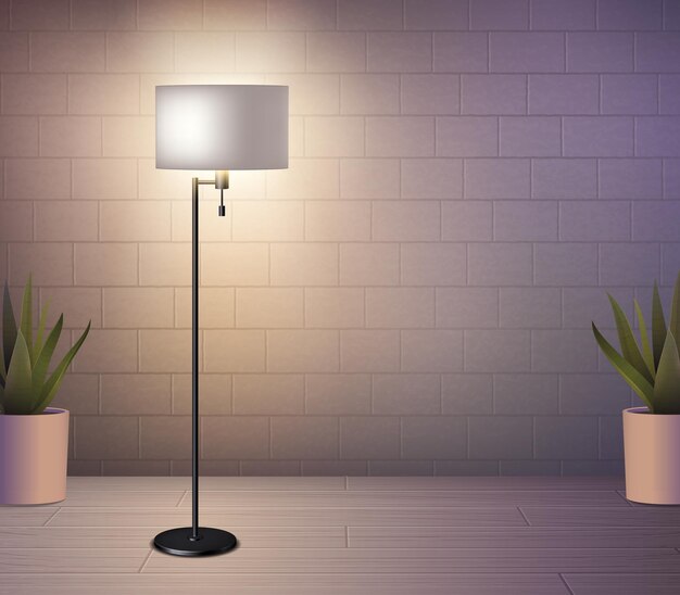플로어 램프 현실적인 배경은 원통형 전등갓 3d 일러스트와 함께 클래식 횃불을 보여줍니다.