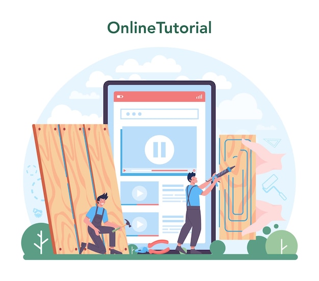 無料ベクター フローリングインストーラーオンラインサービスまたはプラットフォームプロの寄木細工の床敷設木製またはタイルの床家の修理と改修の概念オンラインチュートリアルフラットベクトルイラスト