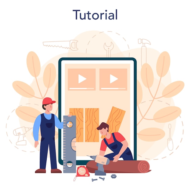 Flooring installer online service or platform Professional parquet laying Home repair and renovation concept Online tutorial Isolated flat vector illustration