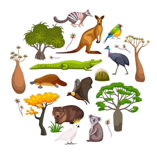 Vettore gratuito flora e fauna dell'australia composizione rotonda piatta con animali selvatici uccelli e piante esotiche illustrazione vettoriale