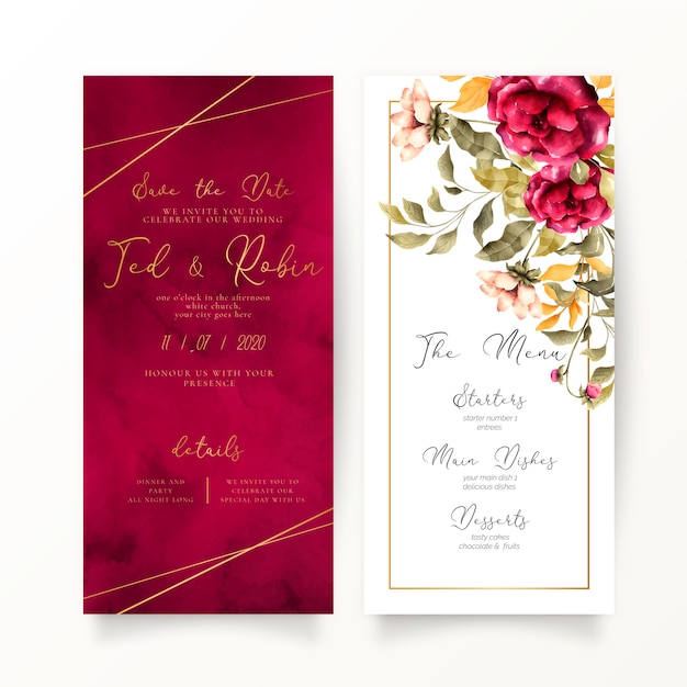 Бесплатное векторное изображение Цветочные и красные свадебные приглашения и шаблон меню
