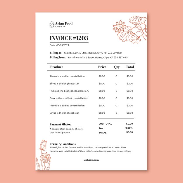 Floral asian food catering invoice