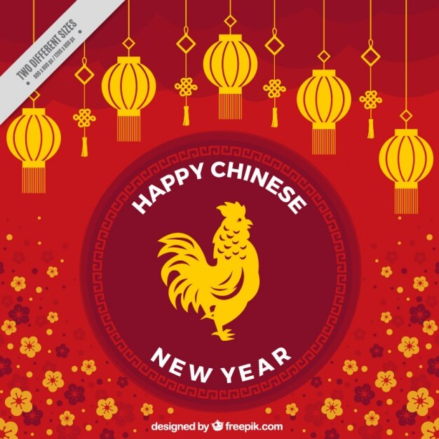 Floral background for chinese new year with lanterns and rooster