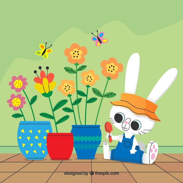 Free vector floral background with cute rabbit