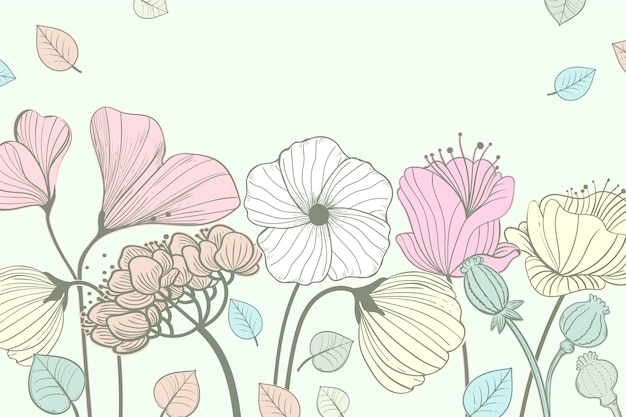 Vettore gratuito sfondo floreale con fiori e foglie disegnati a mano