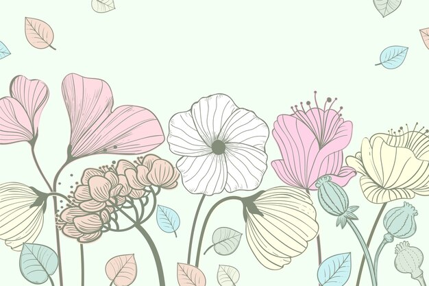 Floral background with hand drawn flowers and leaves