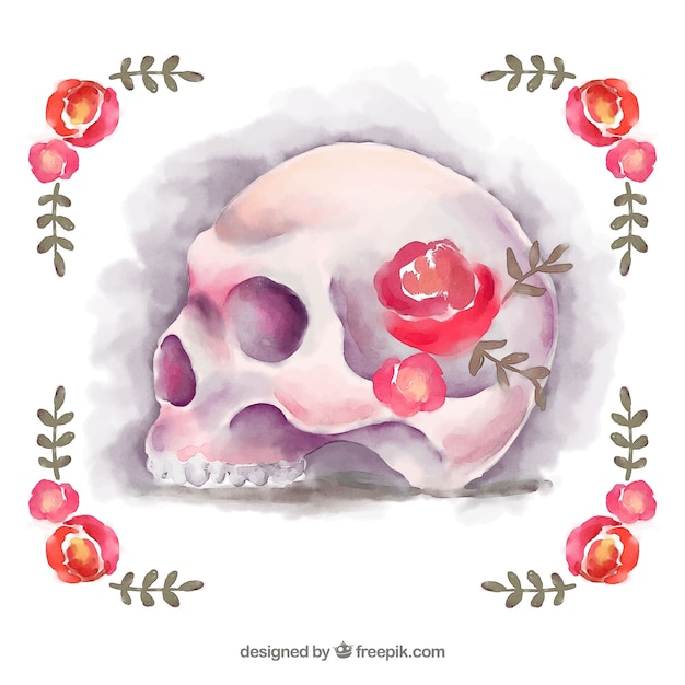 水彩で描か頭蓋骨と花の背景
