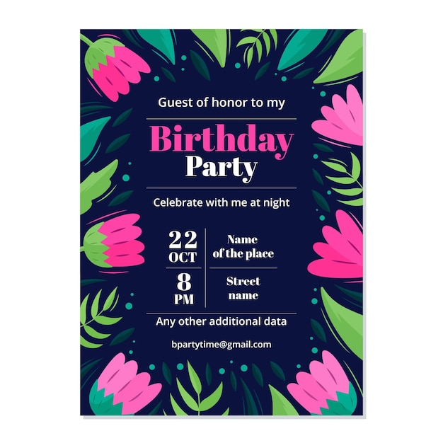 Free vector floral birthday invitation template with leaves