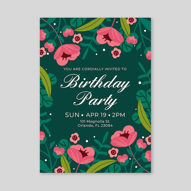 Бесплатное векторное изображение Цветочный шаблон приглашения на день рождения