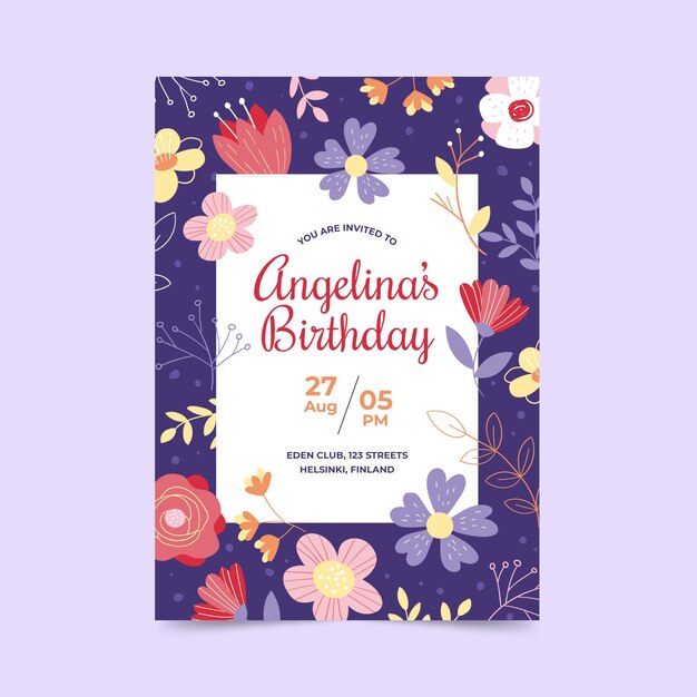 花の誕生日の招待状のテンプレート