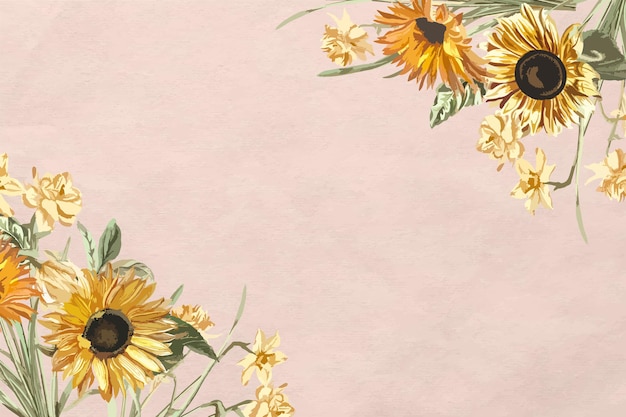 Floral border  with watercolor sunflower on pink background