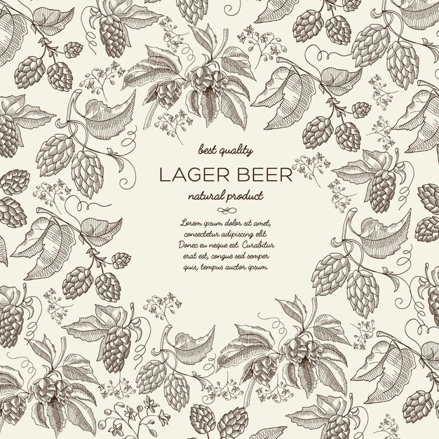 Floral botanical hand drawn template with text and beer herbal hop branches on light 